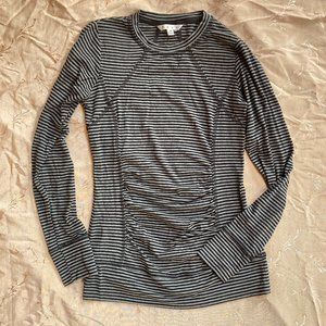 EUC CAbi XS Striped Ruched Long Sleeve Thumb Holes Athletic Top Shirt